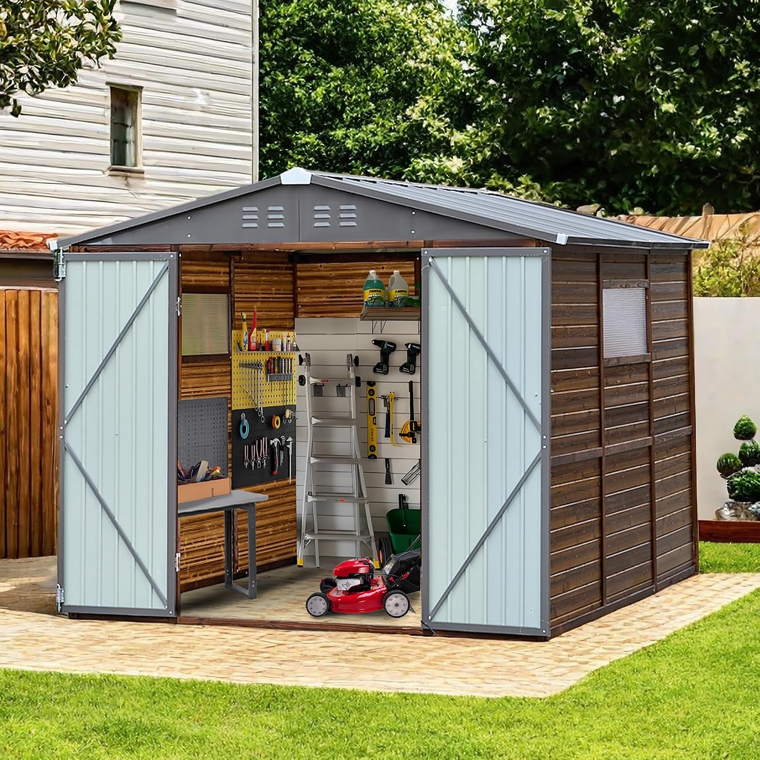 8x8 FT Dış Mekan Ahşap ve Meta - Gardening Tools Storage incelemesi ve fiyatı